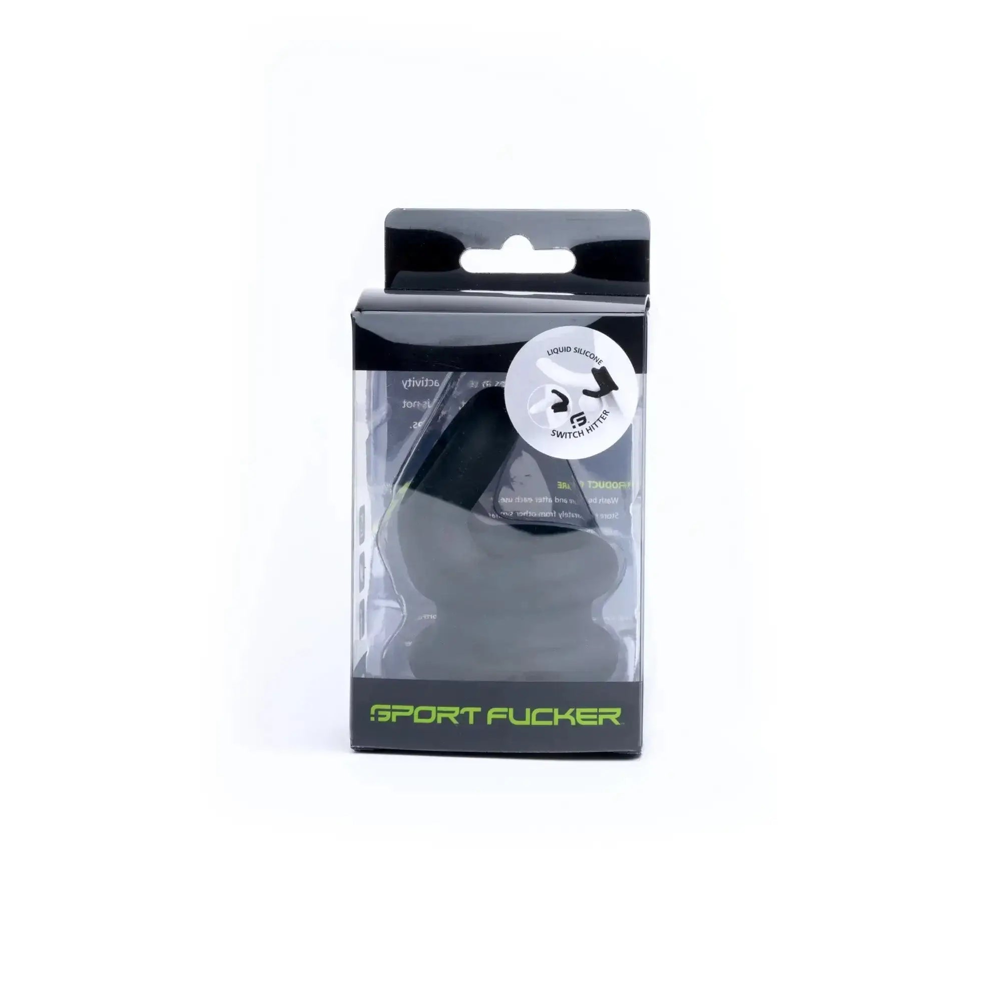 Black silicone sports cock ring in clear plastic packaging with green Sport Fucker branding for active use