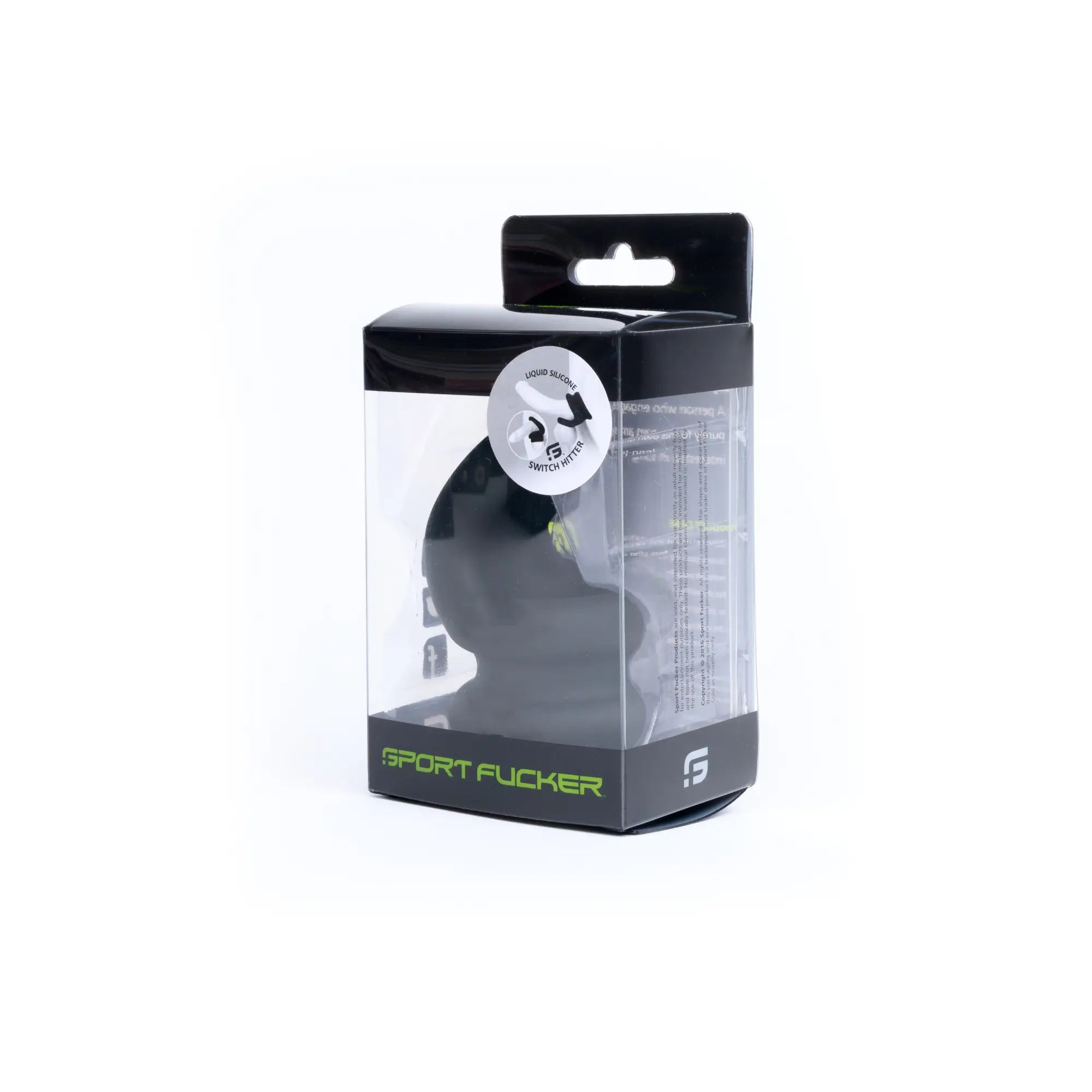 Black silicone liquid suction switch hitter in clear packaging with green branding by Sport Fucker