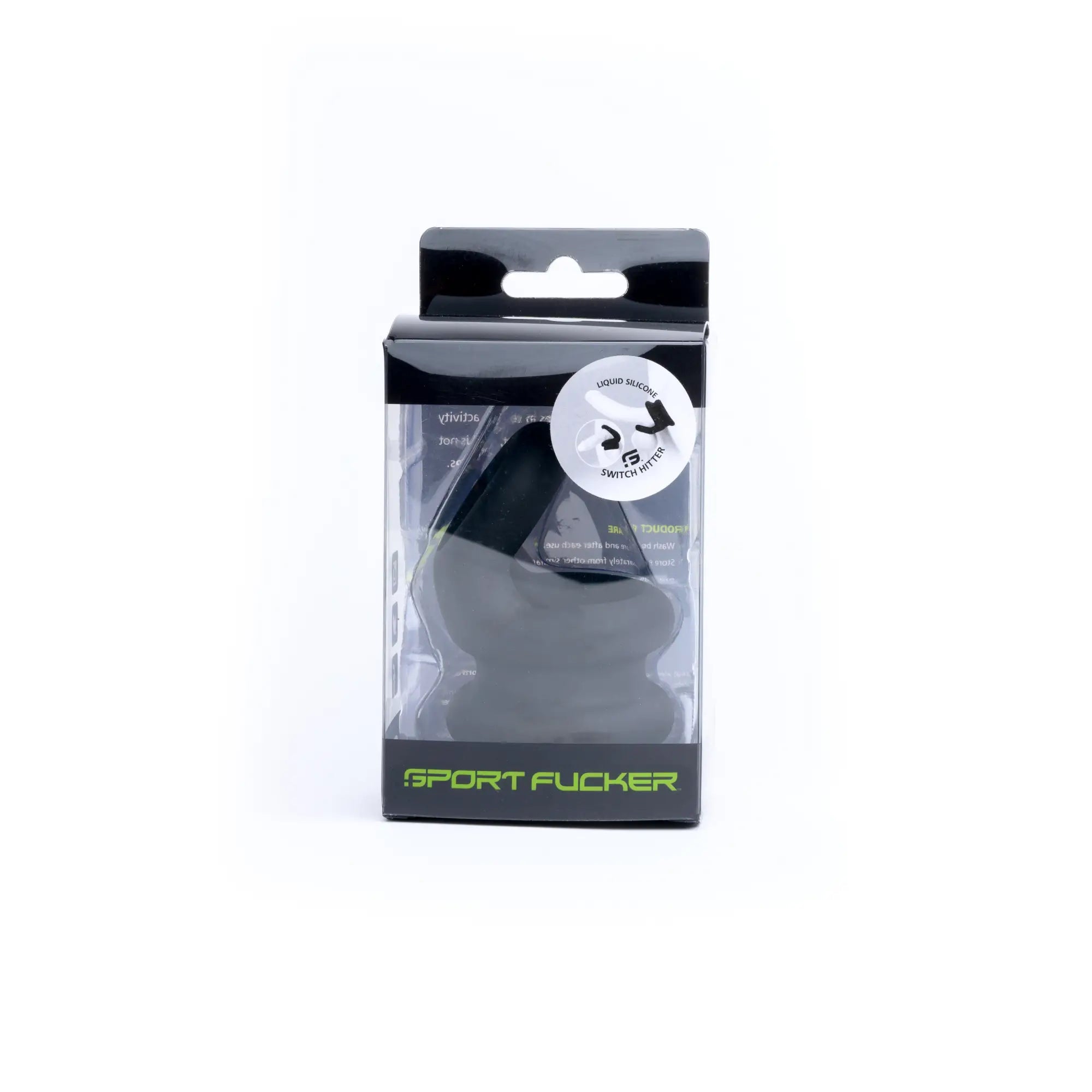 Black silicone sports cock ring in clear plastic packaging with green Sport Fucker branding for active use