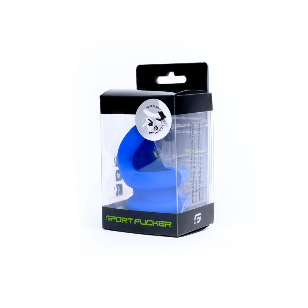 Blue silicone sports cock ring by Sport Fucker in clear packaging with black accents and green branding