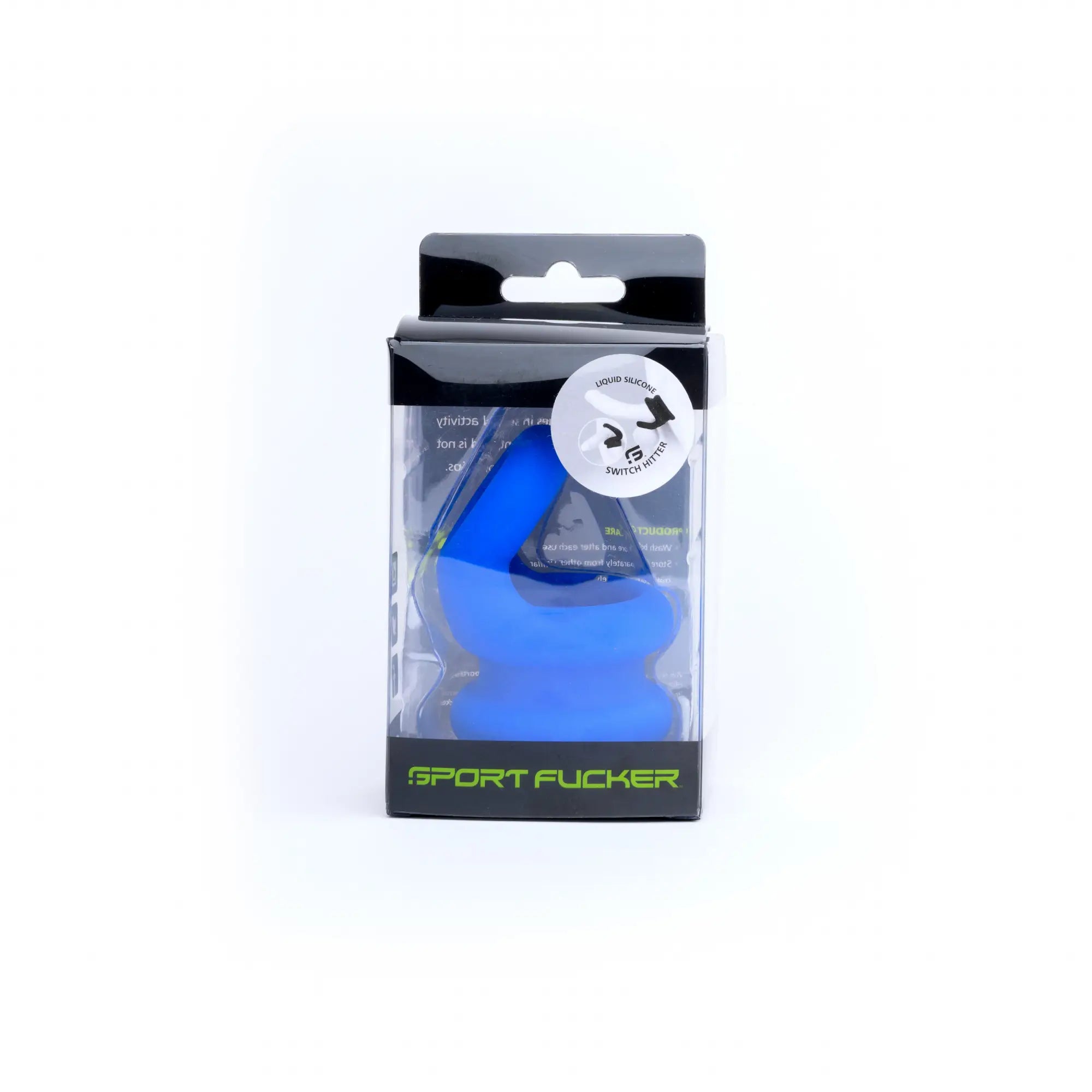 Blue silicone sport sucker in black and transparent packaging from Sport Fucker for versatile switch hitter use