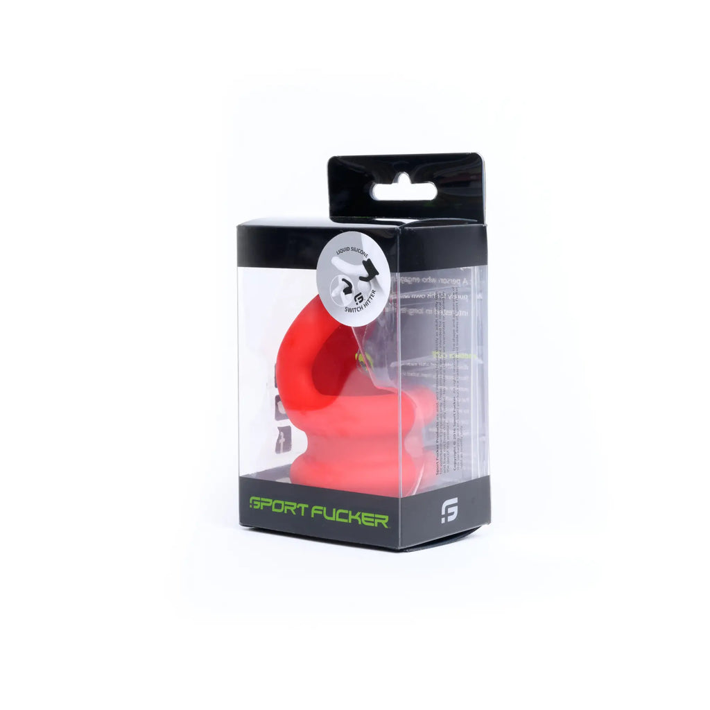 Red silicone sports cock ring in clear packaging with black accents and green branding by Sport Fucker