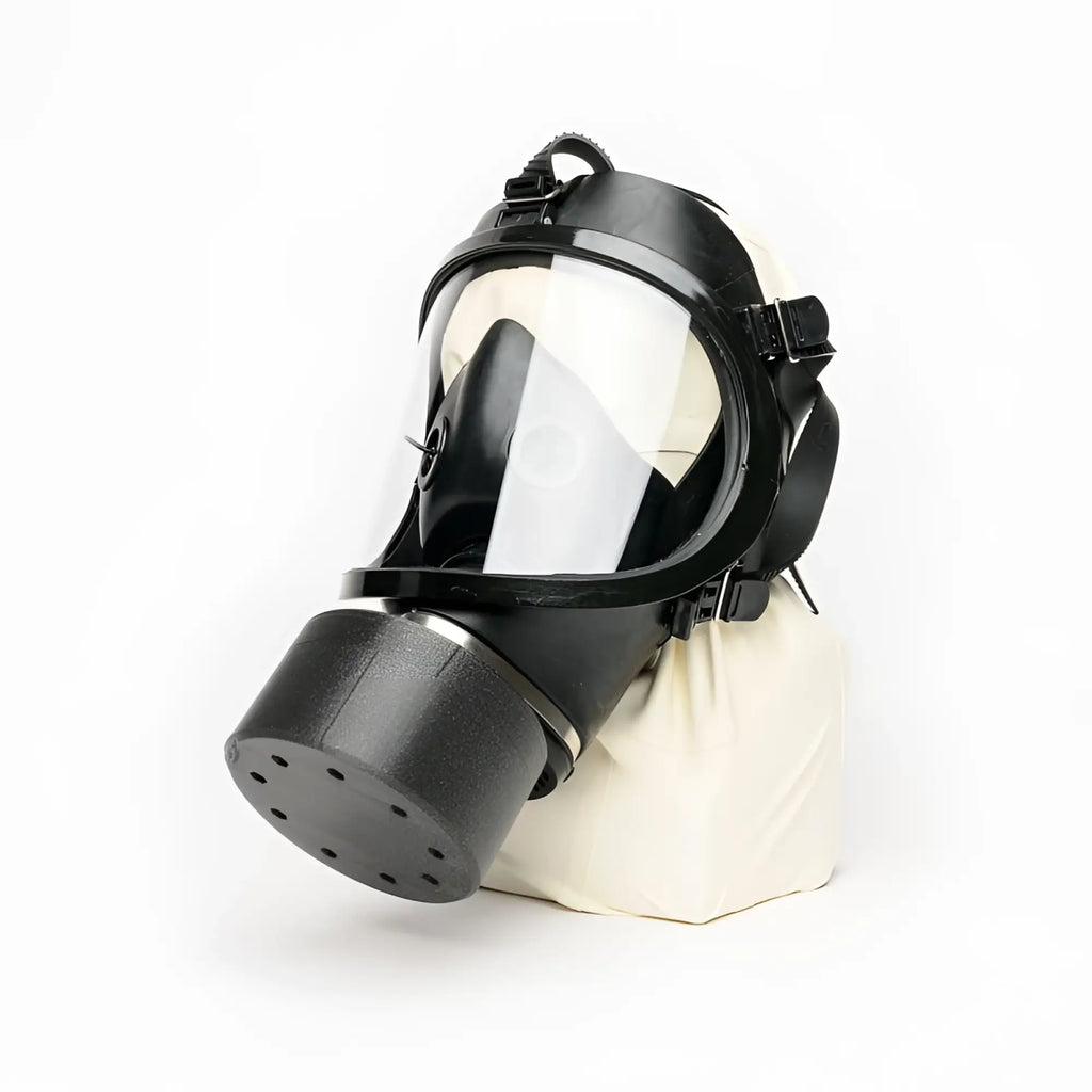 Sport Fucker tactical full face rubber gas mask in black with clear visor adjustable straps and textured breathing filter housing