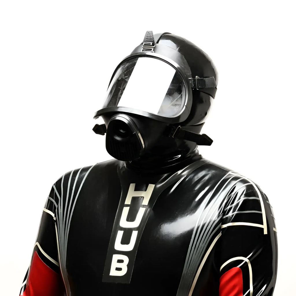 Black latex diving suit with red and silver accents featuring a sport fucker tactical full face rubber gas mask and hubb logo