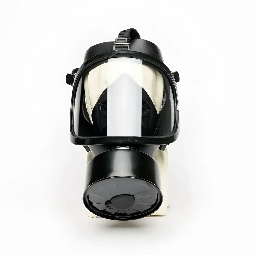 Black full face rubber gas mask with transparent visor and circular filter housing for tactical use Sport Fucker