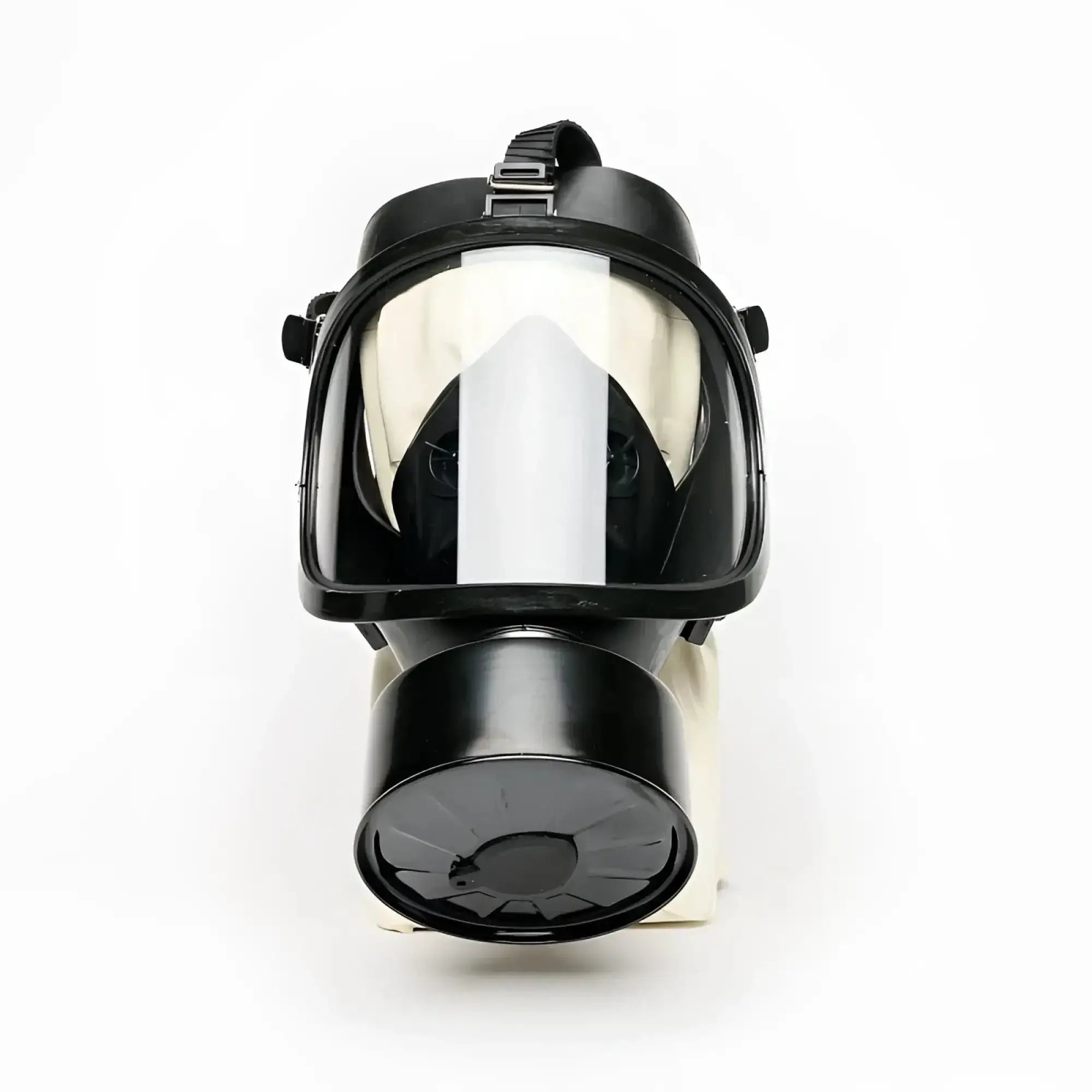 Black full face rubber gas mask with transparent visor and circular filter housing for tactical use Sport Fucker
