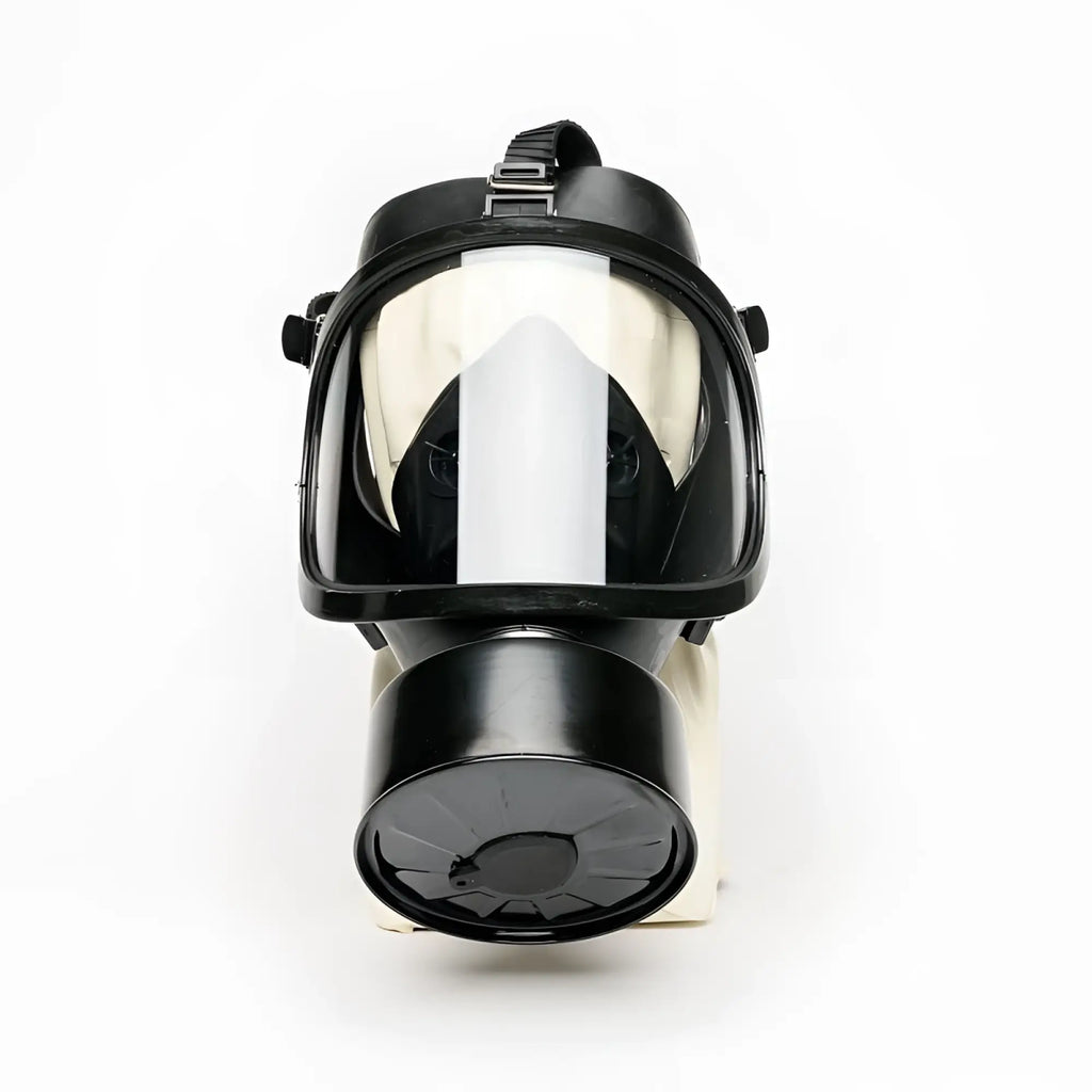 Black full face rubber gas mask with transparent visor and circular filter housing for tactical use Sport Fucker