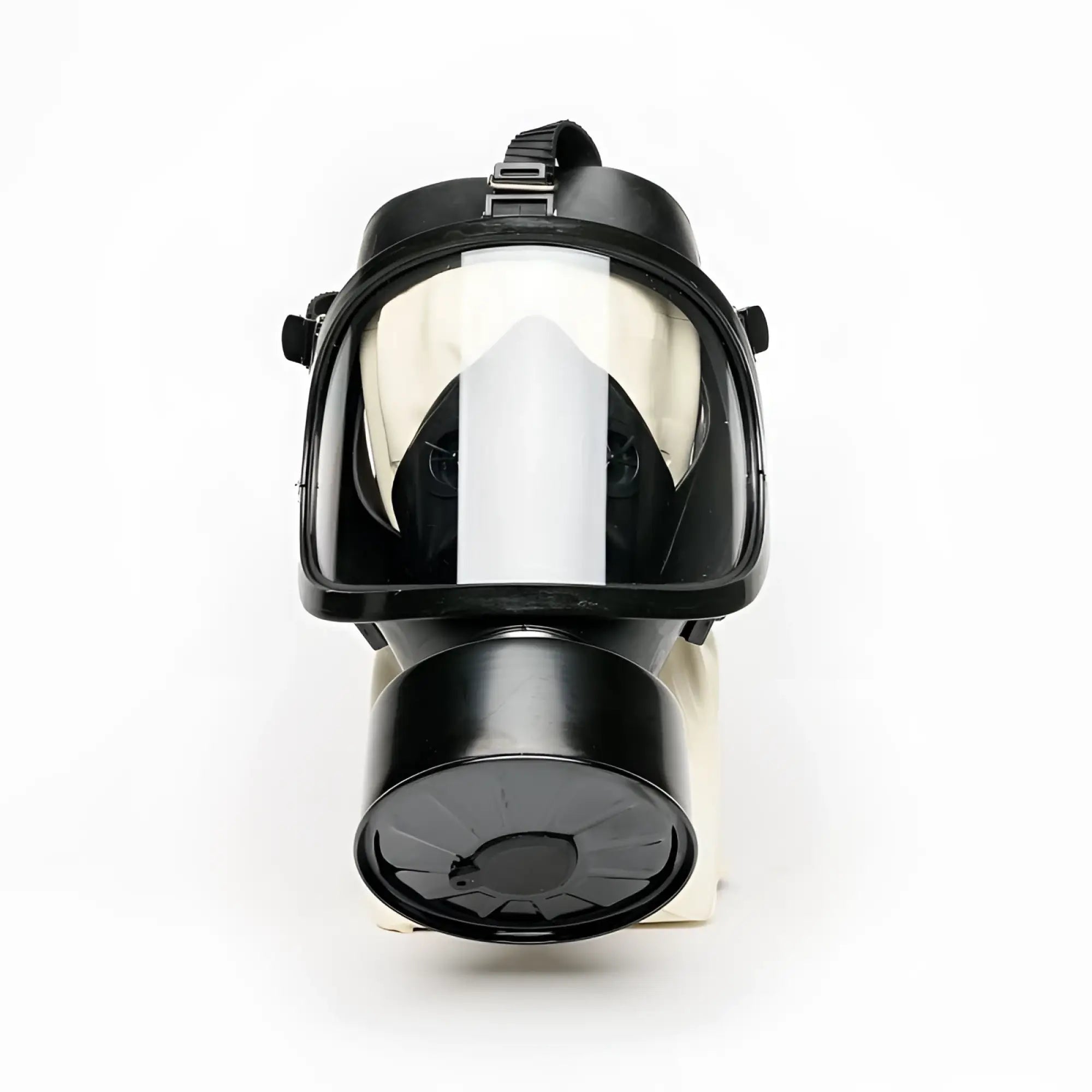 Black full face rubber gas mask with transparent visor and circular filter housing for tactical use Sport Fucker