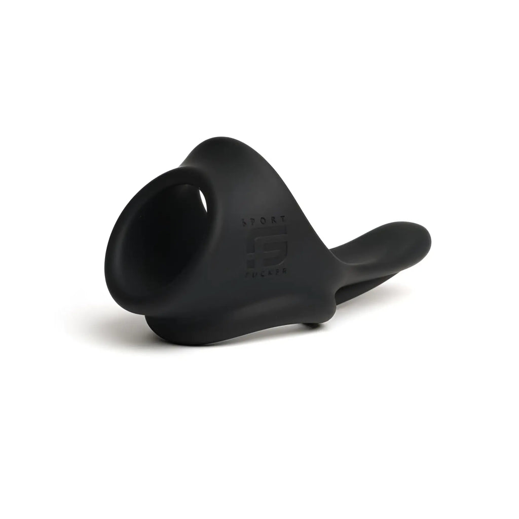Black silicone sport fucker tailslide cock and ball ring with curved handle and embossed logo visible