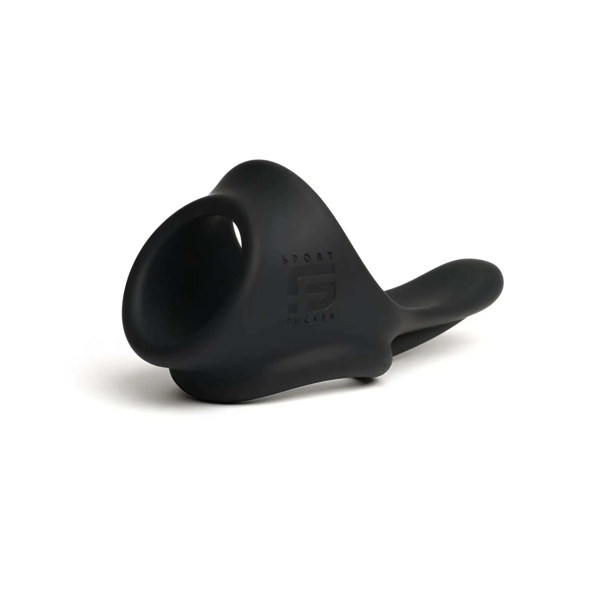 Black silicone sport fucker tailslide cock and ball ring with curved handle and embossed logo visible