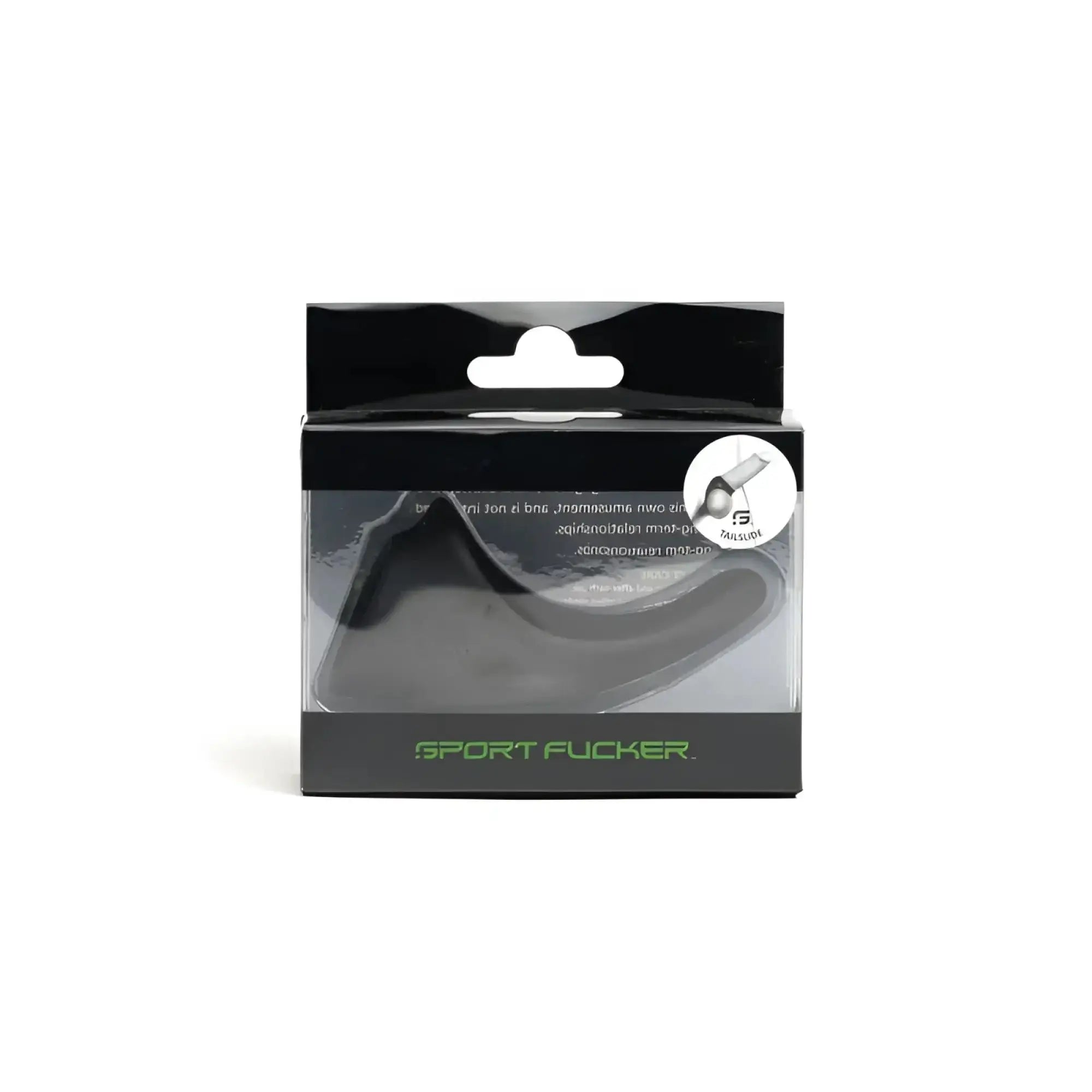 Black silicone sport fucker tailslide cock and ball packaged in black and clear plastic with green branding