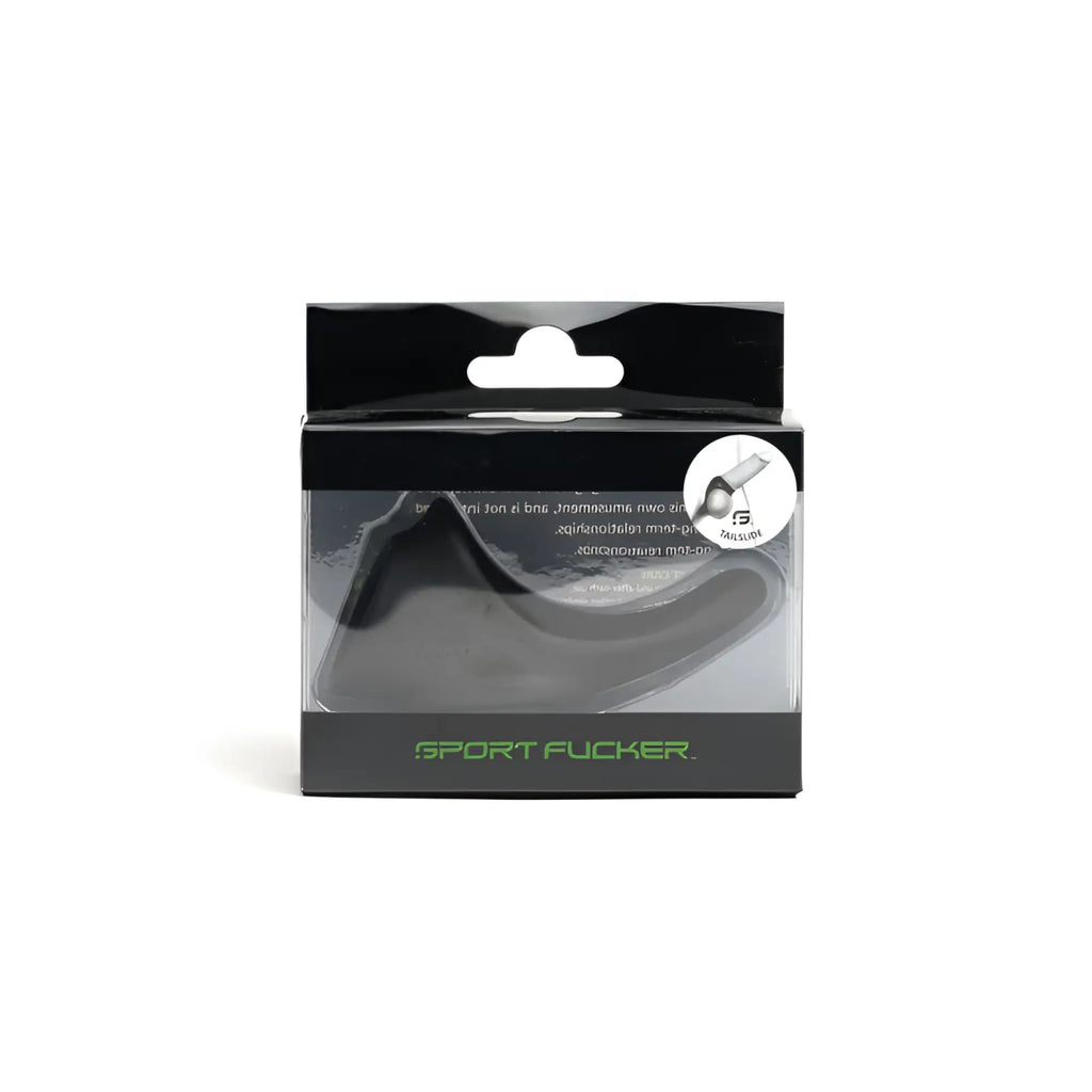 Black silicone sport fucker tailslide cock and ball packaged in black and clear plastic with green branding