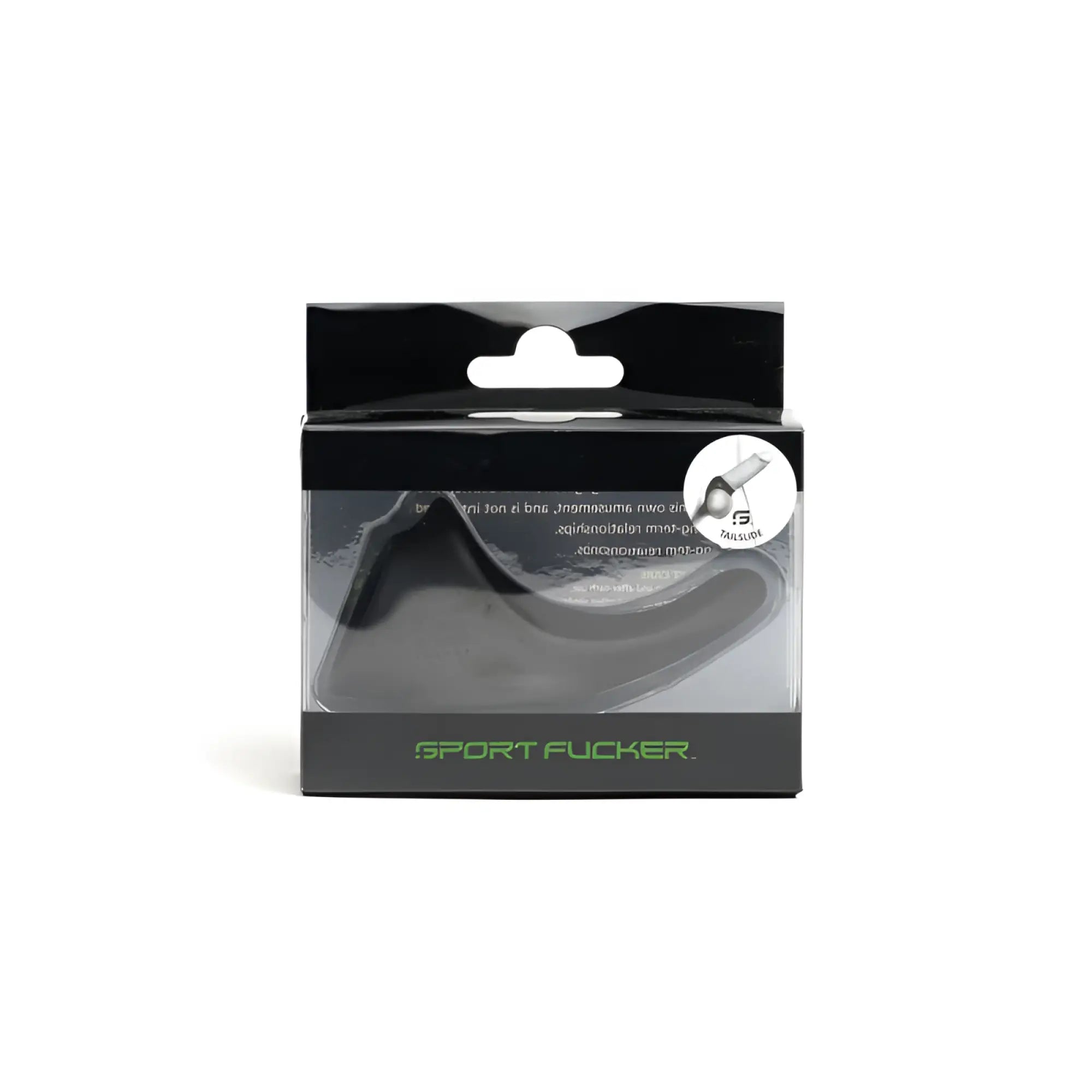 Black silicone sport fucker tailslide cock and ball packaged in black and clear plastic with green branding