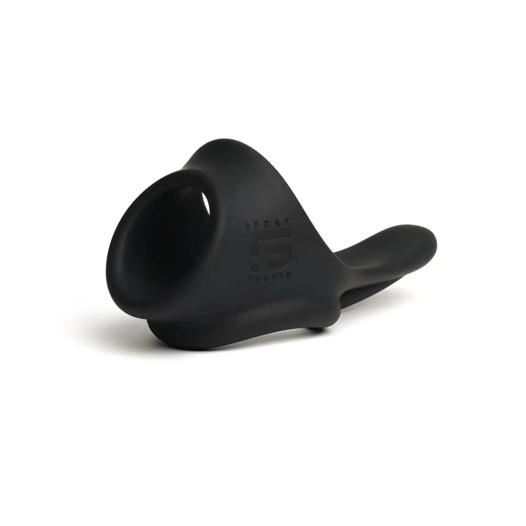 Black silicone sport fucker tailslide cock and ball ring with curved handle and embossed logo visible