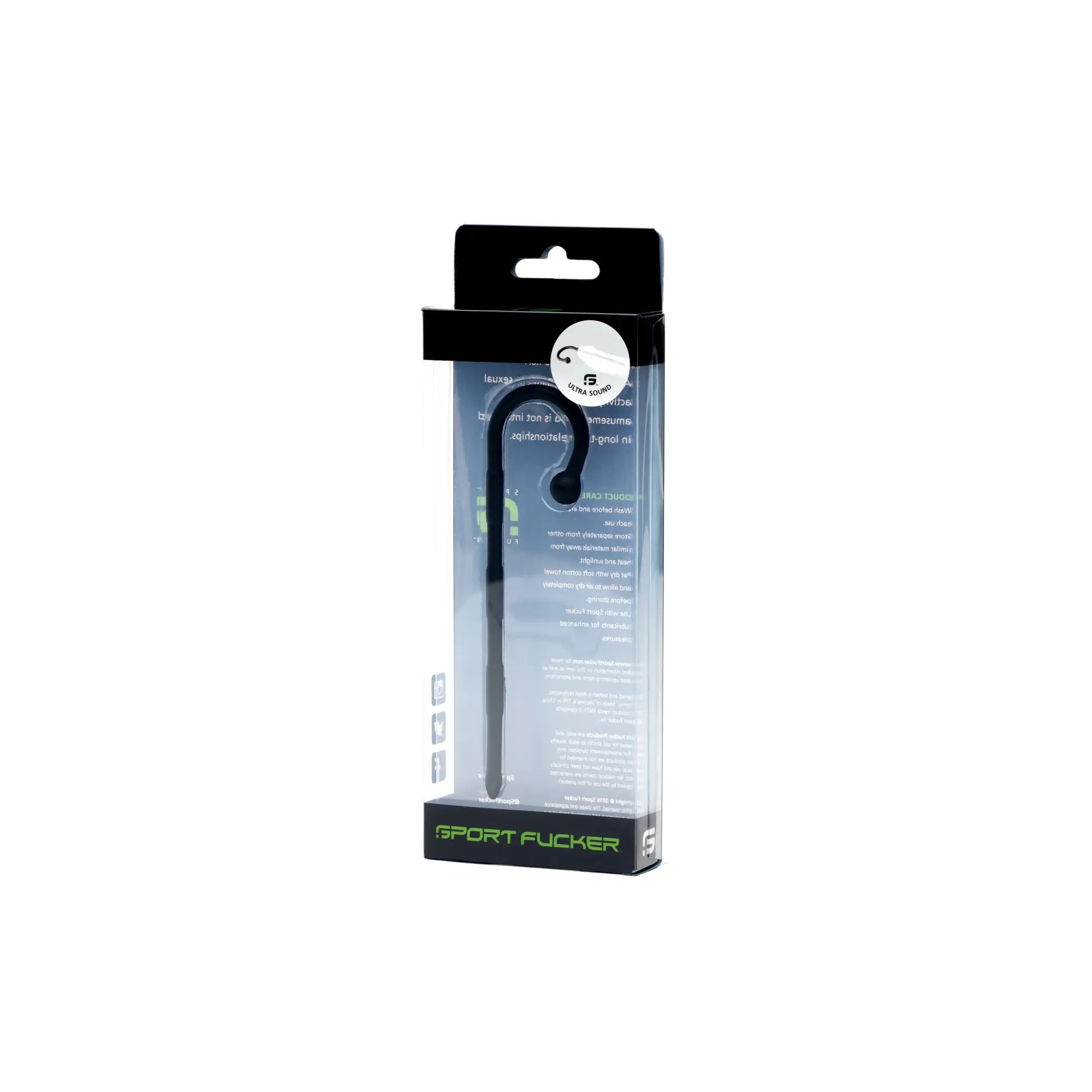 Black sport fucker ultra sound in-ear headphones with sleek curved design and green branding accents