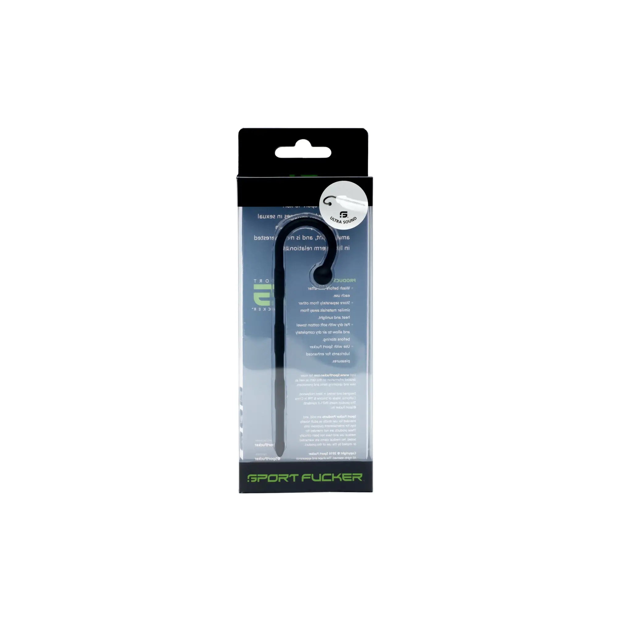 Black plastic sport pucker hook with curved design and green branding on sport fucker ultra sound black packaging