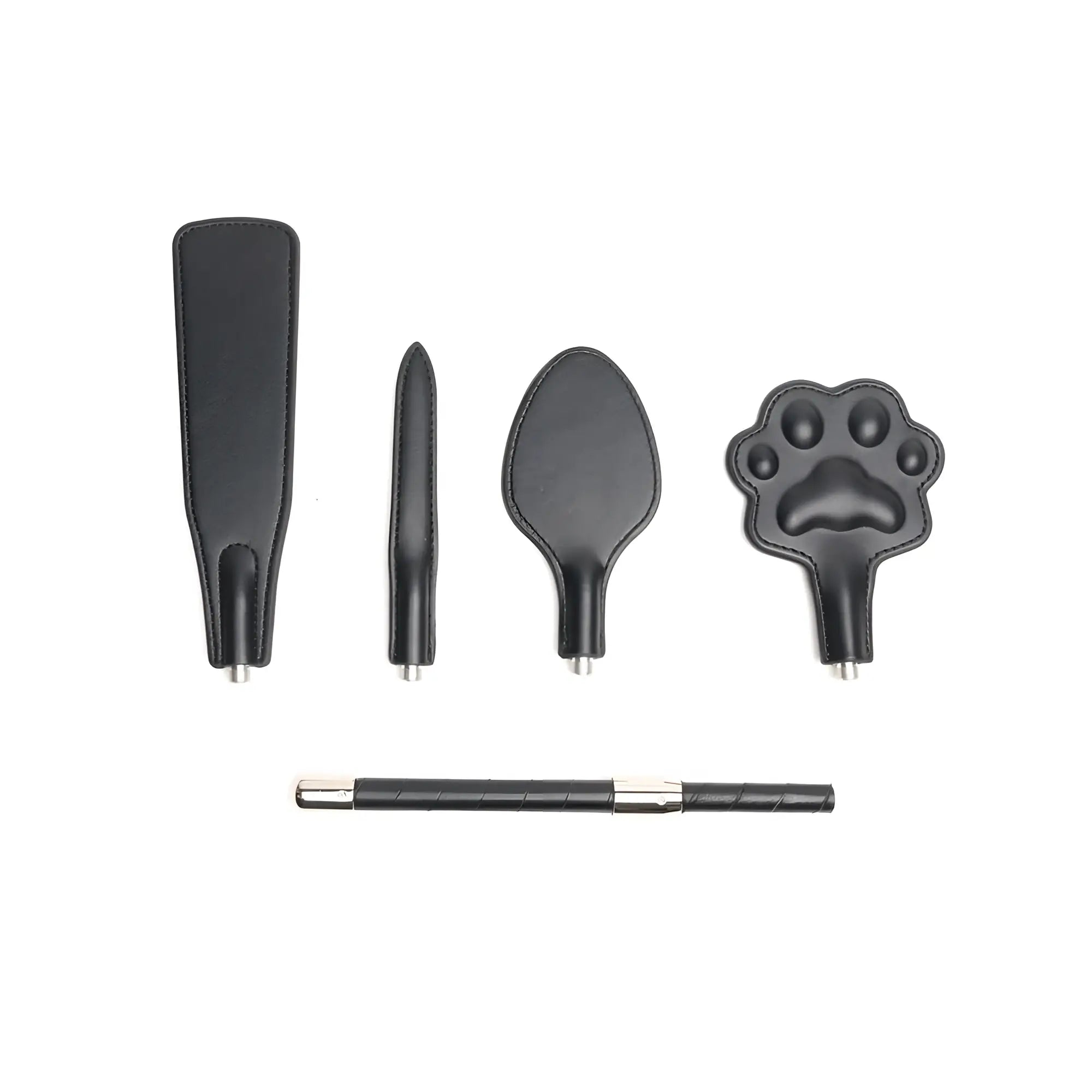 Set of black vegan leather training tools with metallic interchangeable tips and matching pen for sport use