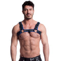 Sport fucker vegan bulldog harness black and blue leather with adjustable straps and metal buckles in lxl size
