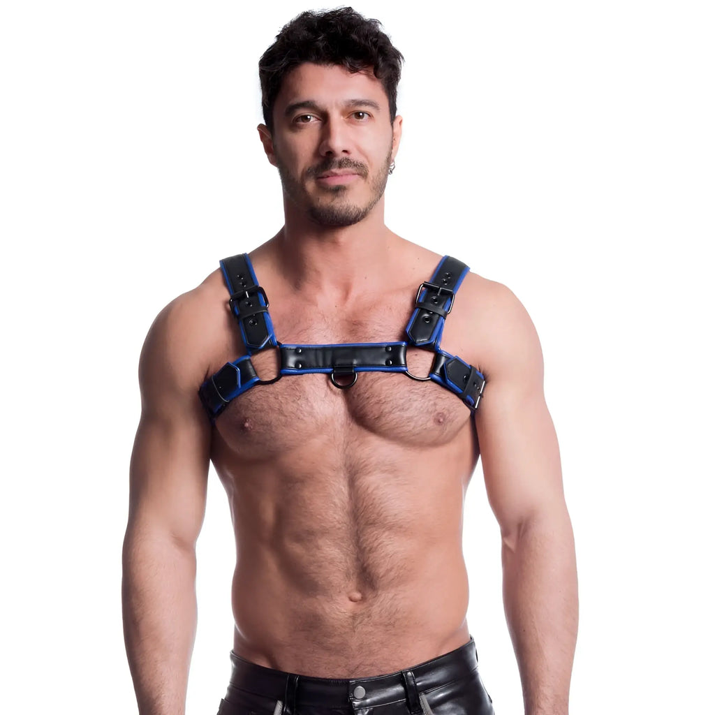 Sport fucker vegan bulldog harness black and blue with adjustable straps and metal buckles in leather material