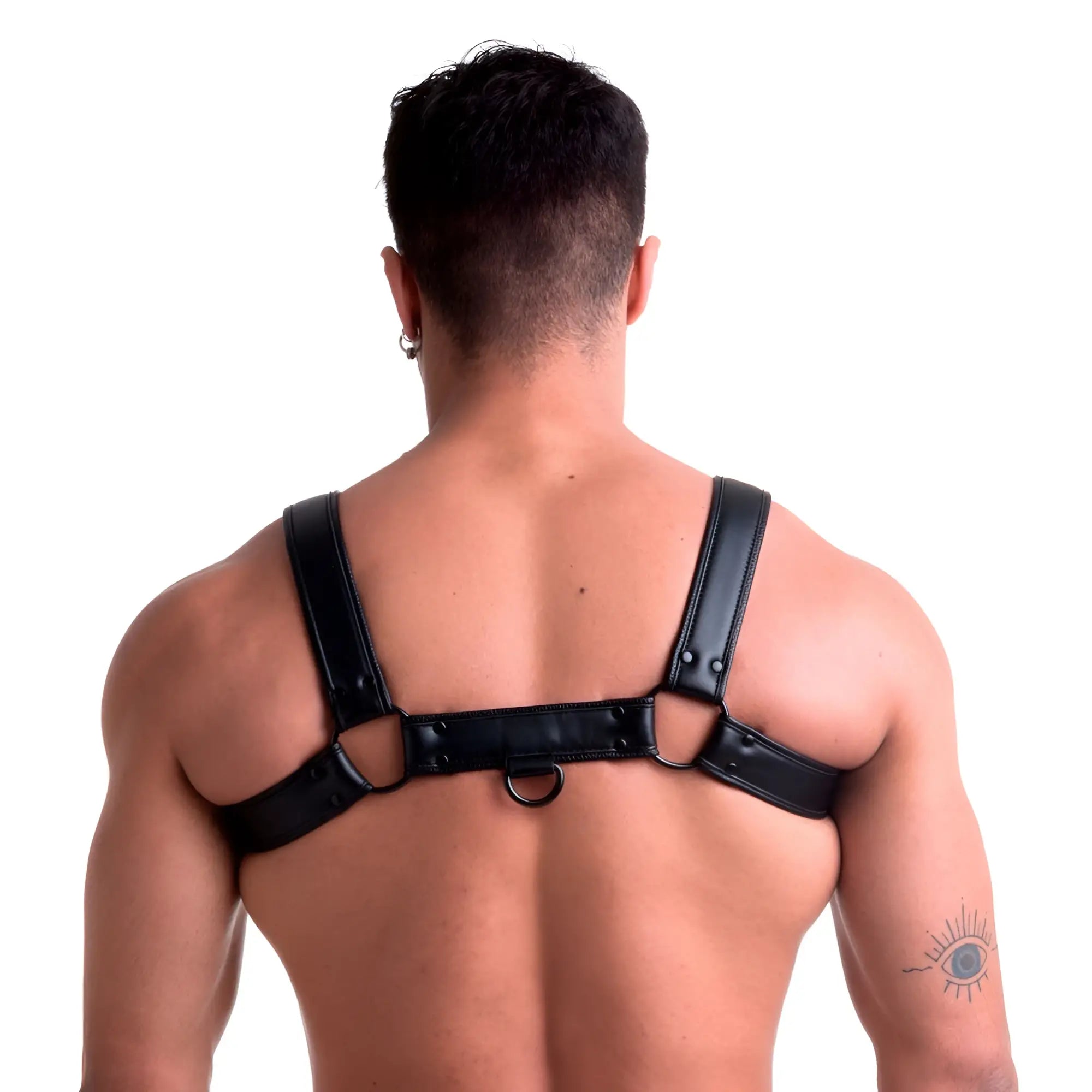 Black leather sport fucker vegan bulldog harness with adjustable straps and metal rings in size l xl