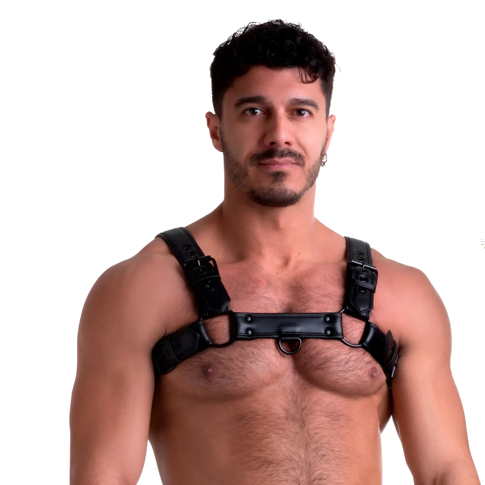 Black leather sport fucker vegan bulldog harness l xl with adjustable straps and metal buckles visible from the back side