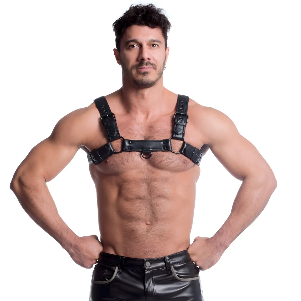 Black vegan leather sport fucker bulldog harness with adjustable straps and metal buckles in black s/m