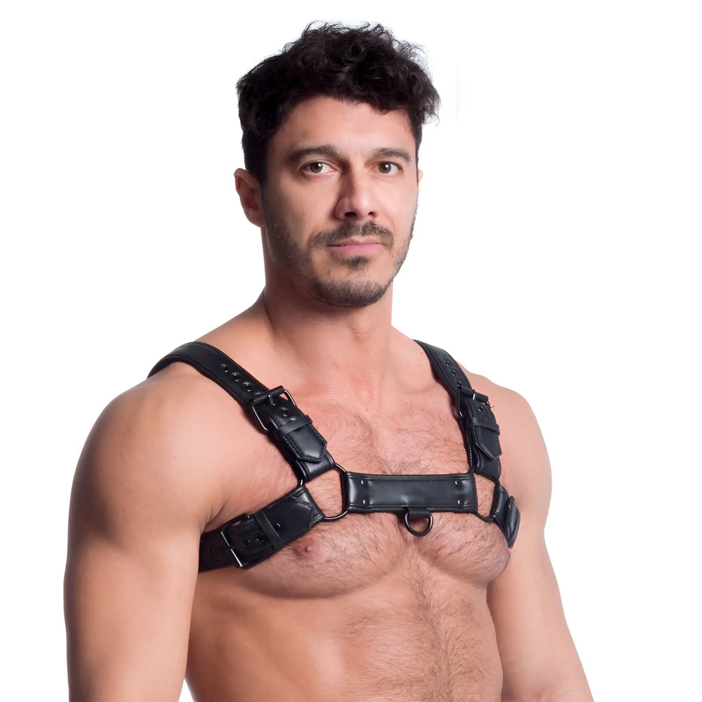 Black leather sport fucker vegan bulldog harness with adjustable straps and metal buckles in size s m