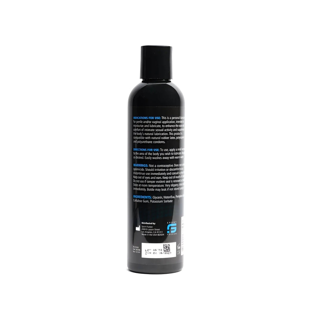 Black plastic bottle with black cap labeled sport fucker water based personal lubricant 8oz 236ml front view