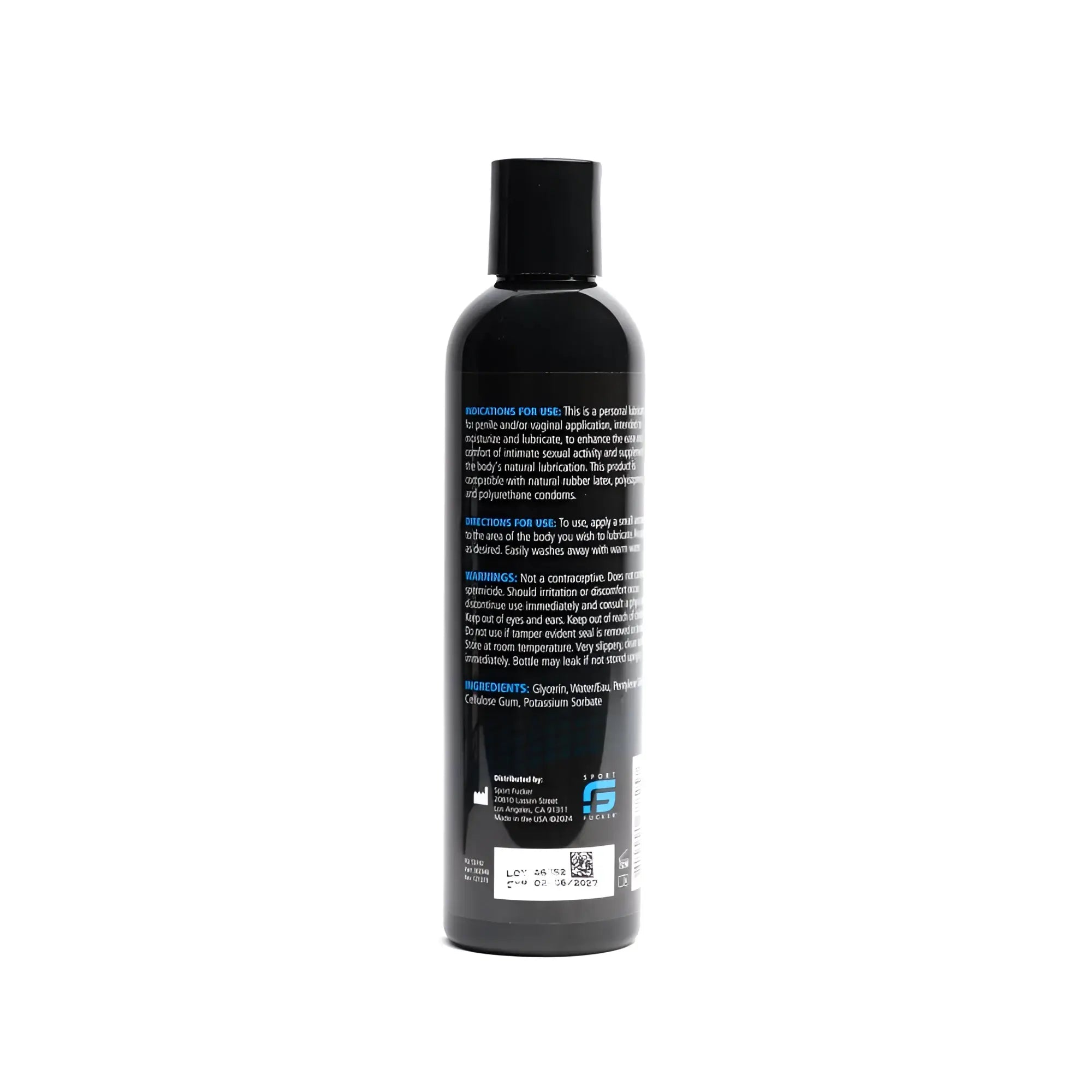 Black plastic bottle with black cap labeled sport fucker water based personal lubricant 8oz 236ml front view