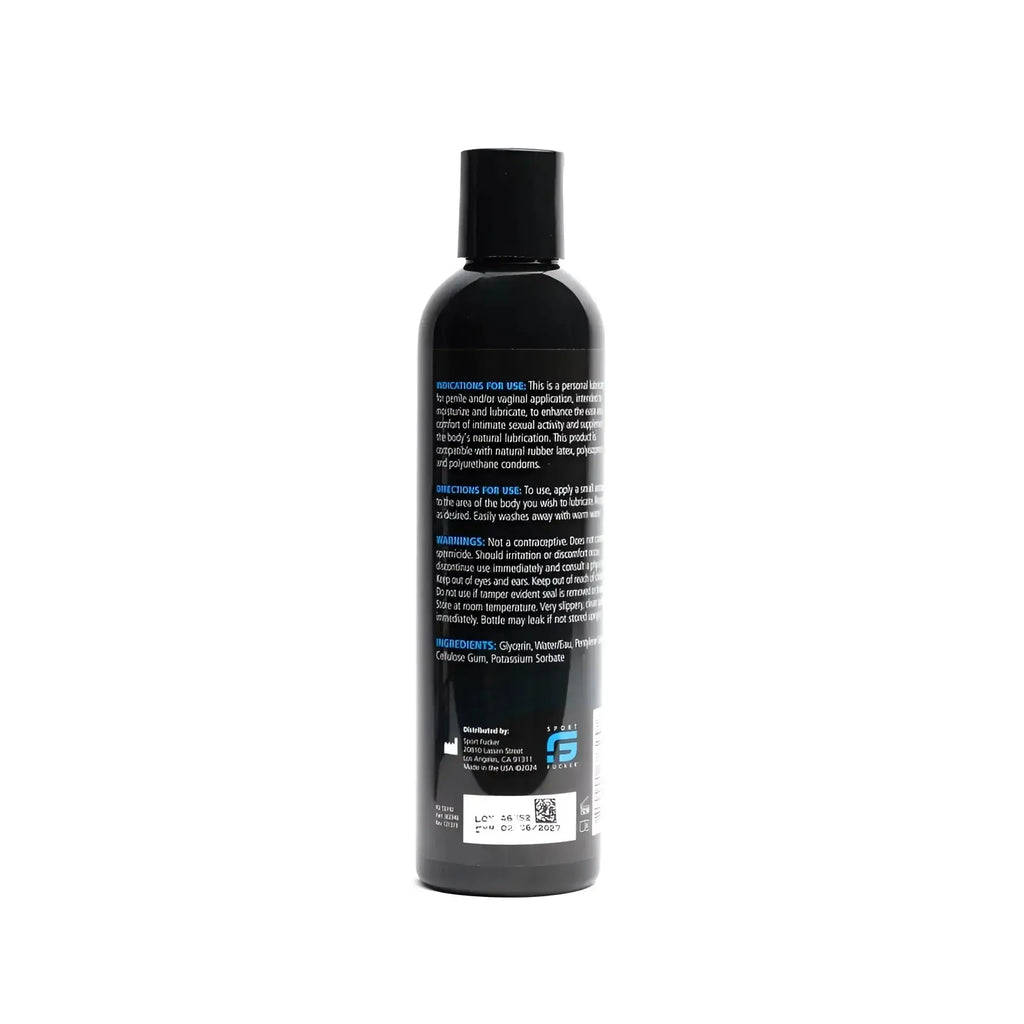 Black plastic bottle with black cap labeled sport fucker water based personal lubricant 8oz 236ml front view