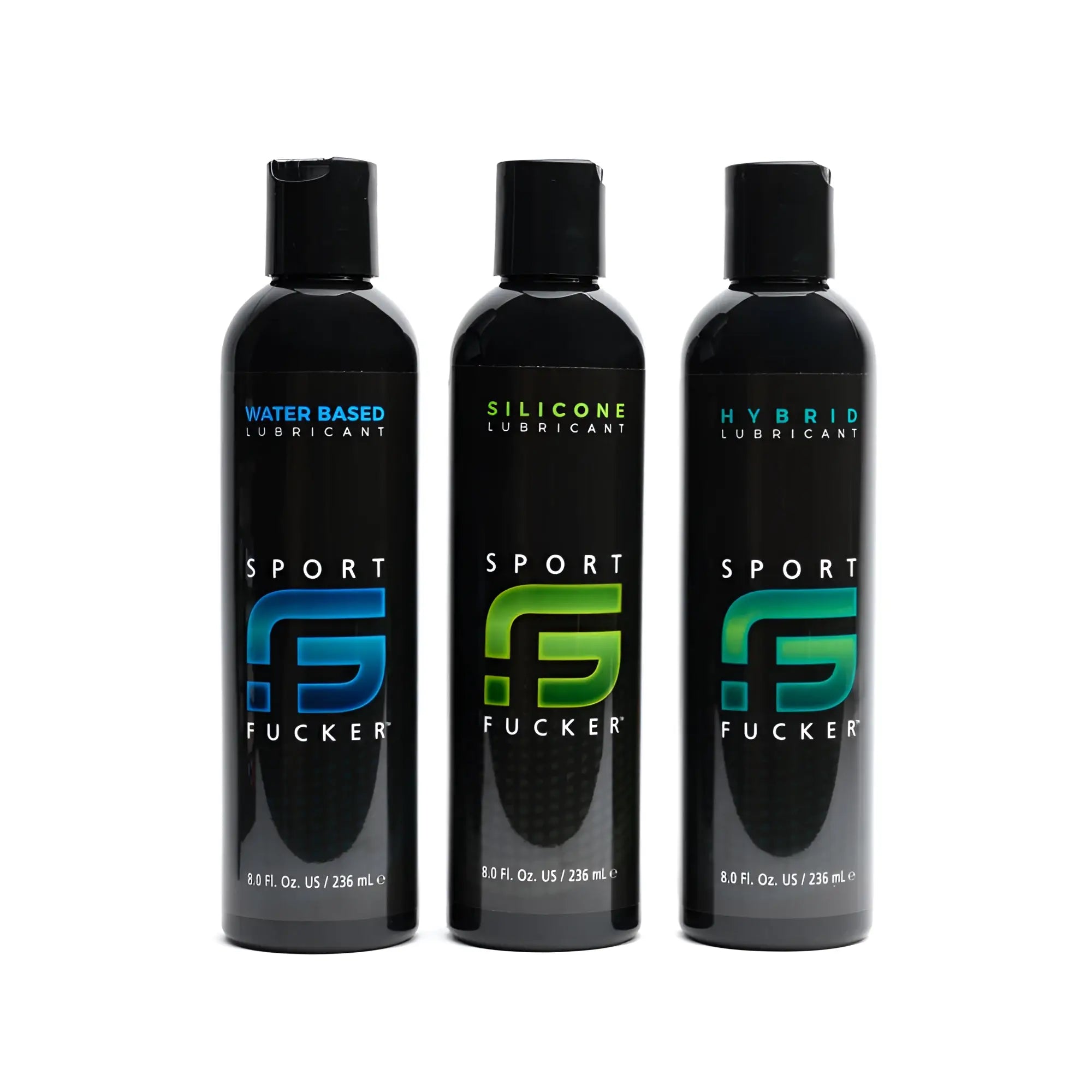 Three black sport fucker lubricant bottles with colored logos showing water-based silicone and hybrid formulas 8oz 236ml