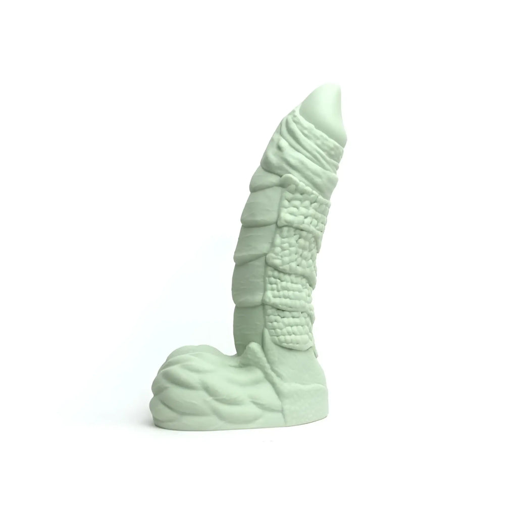 Light green sport fucker willie medium silicone dildo with textured segmented design and flared base