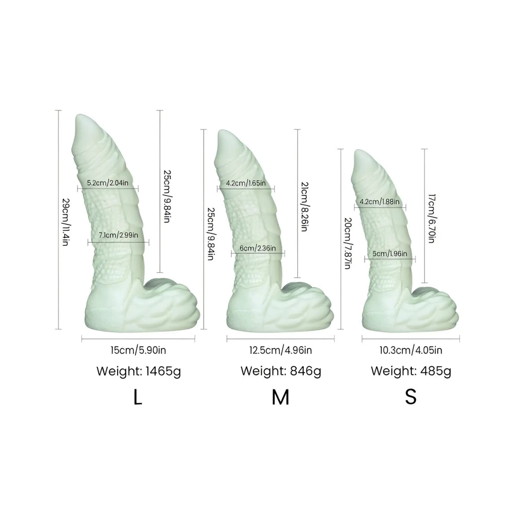 Three sizes of light green textured silicone sport fucker willie liquid silicone dildo labeled l m and s with dimensions and weights