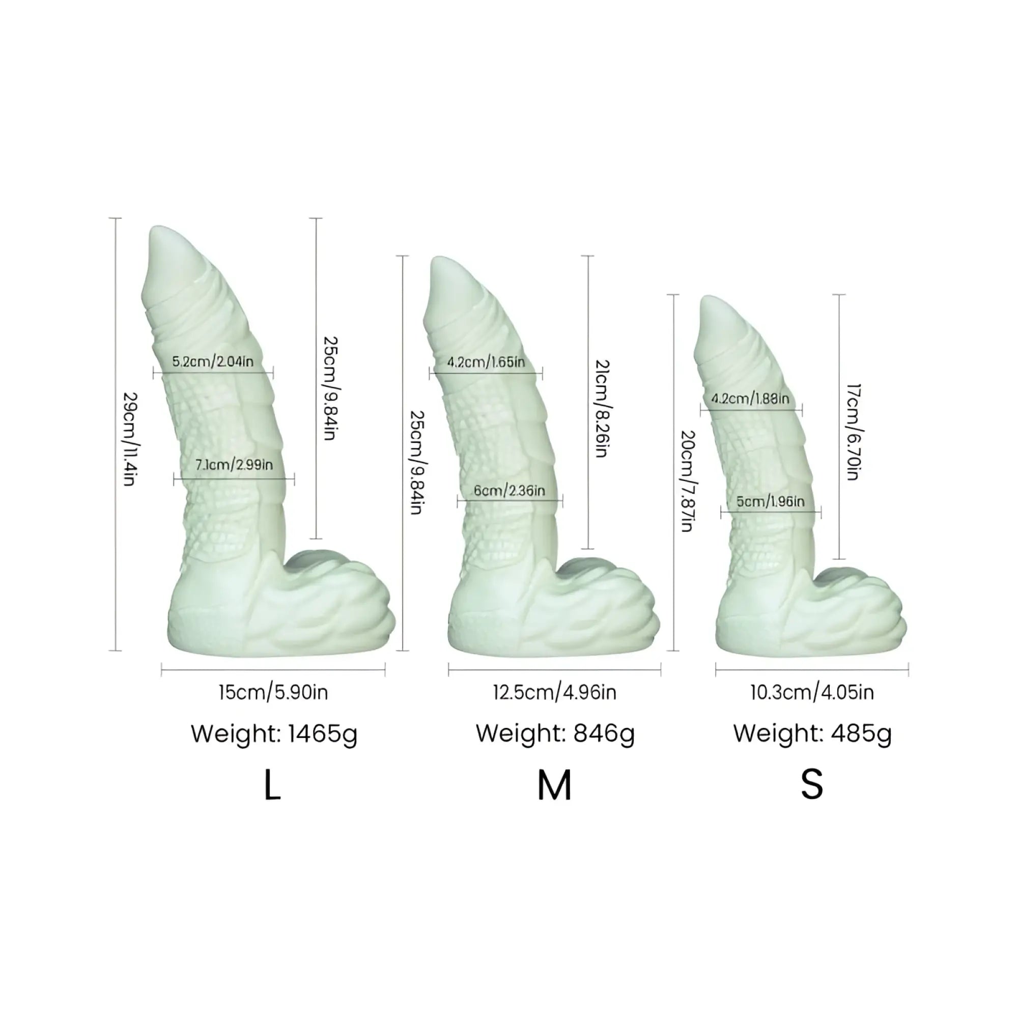 Three sizes of light green textured silicone sport fucker willie liquid silicone dildo labeled l m and s with dimensions and weights