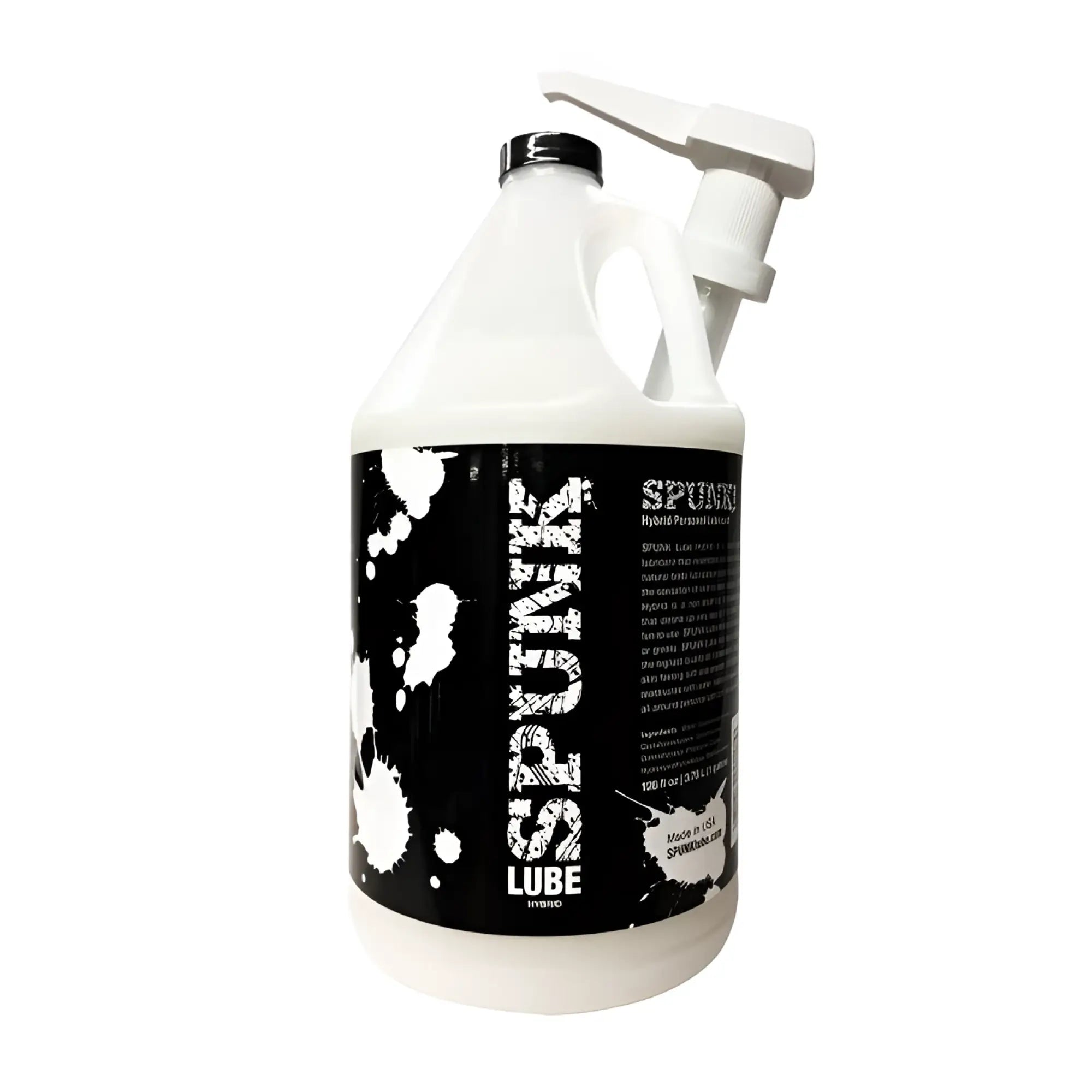 White plastic gallon jug of spunk lube hybrid with black and white splatter design label for lubrication use