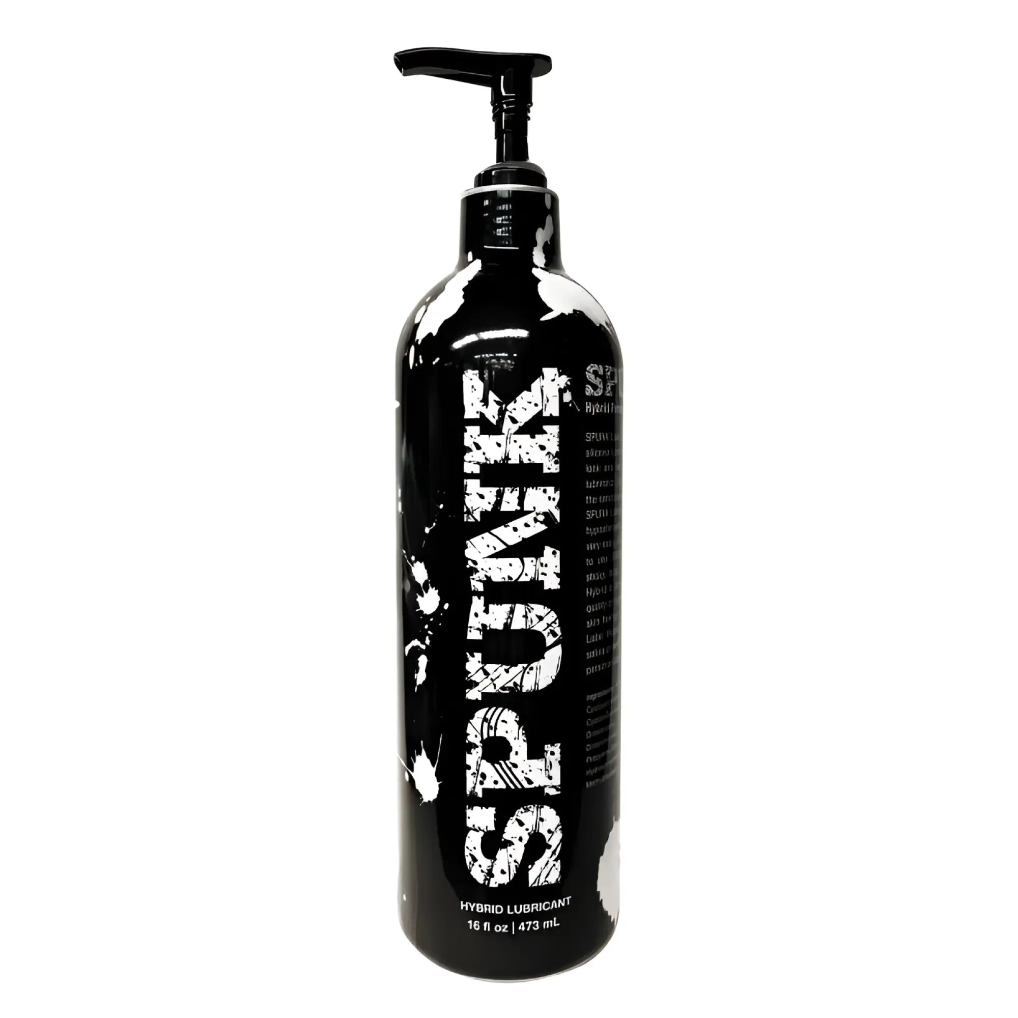 Black pump bottle of spunk spunk2 hybrid lubricant with white splatter design and bold lettering 16oz 473ml