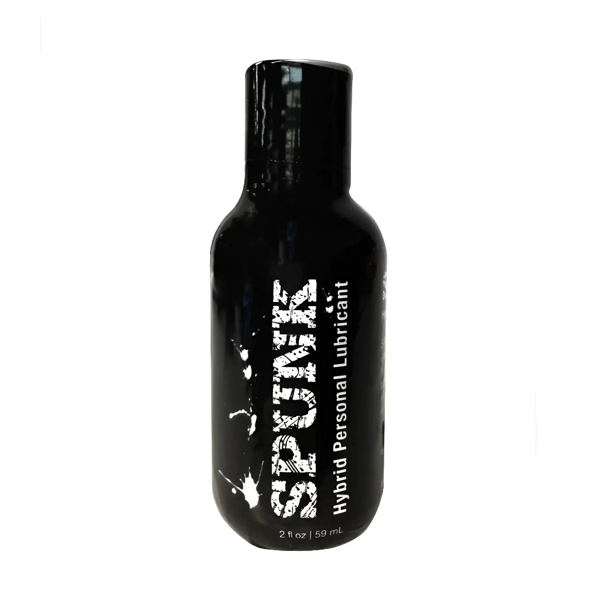 Black spunk hybrid personal lubricant bottle with white splatter design labeled spunk hybrid lube 2oz 59ml
