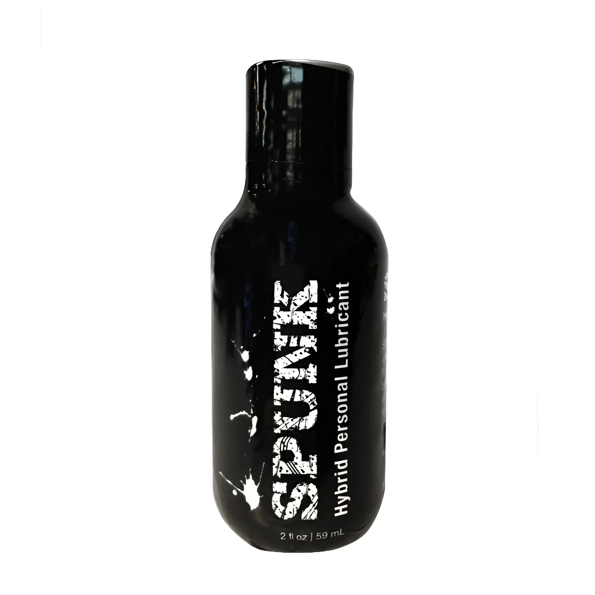 Black spunk hybrid personal lubricant bottle with white splatter design labeled spunk hybrid lube 2oz 59ml