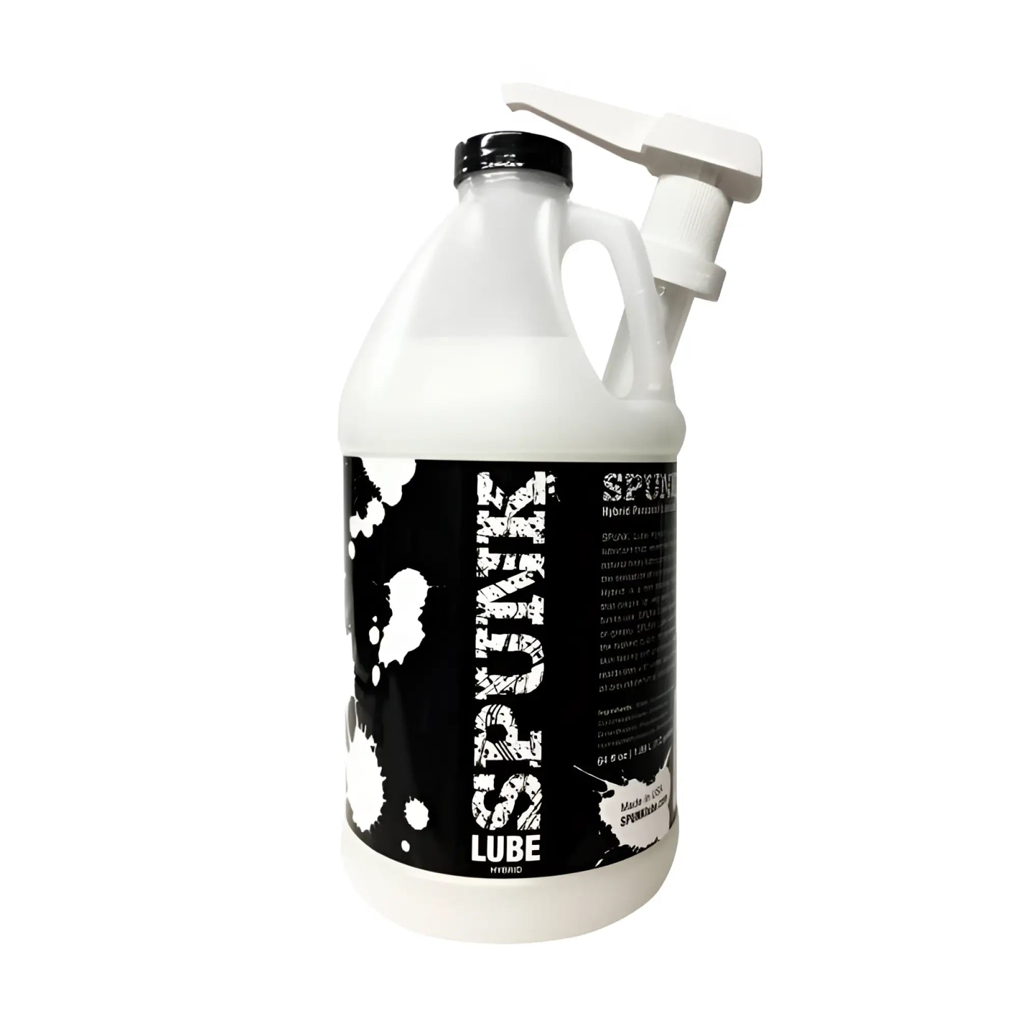 White plastic gallon jug with black pump dispenser and black-and-white splatter spunk lube label for hybrid lube 64oz