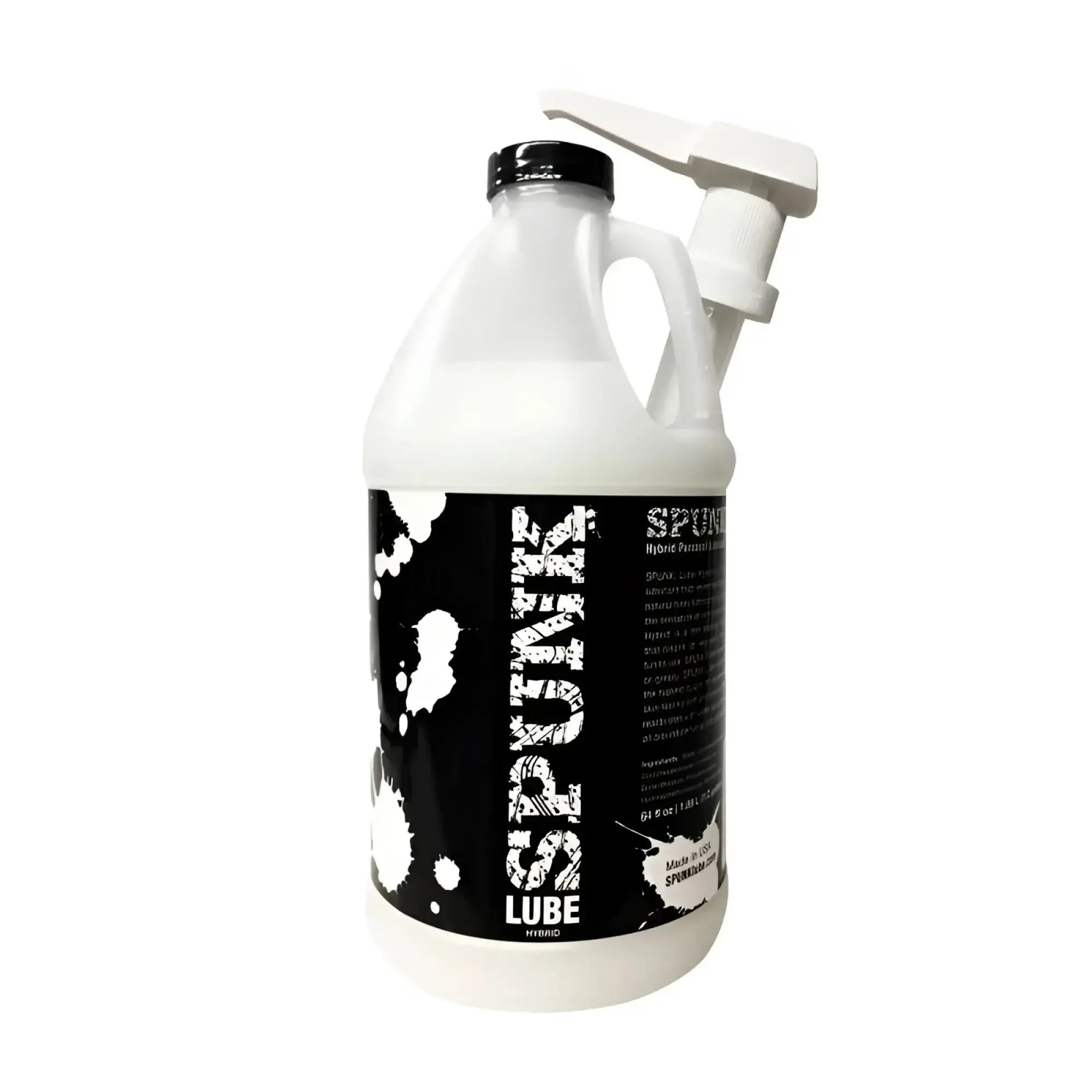 White plastic gallon jug with black pump dispenser and black-and-white splatter spunk lube label for hybrid lube 64oz