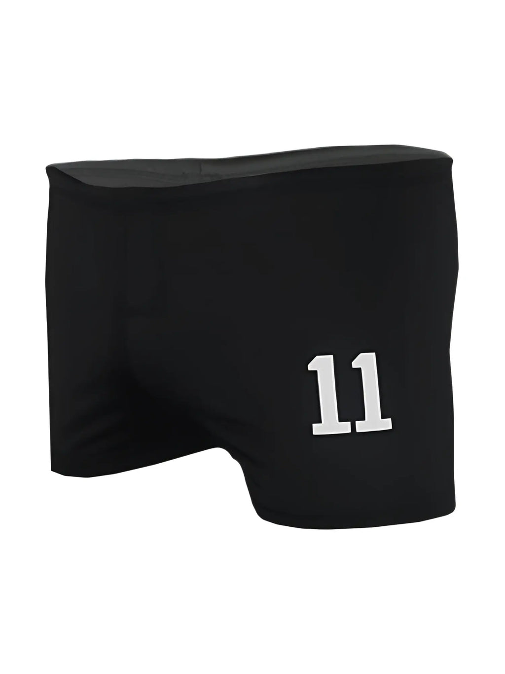 Black square trunk athletic shorts with white 11 number embroidered on front for activewear use