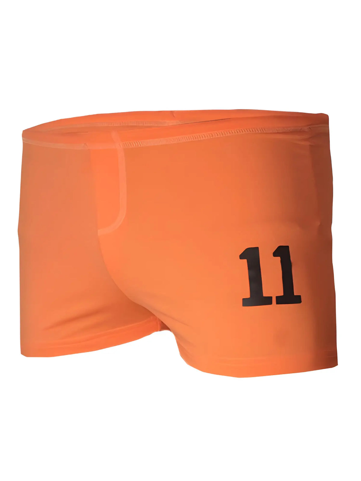 Square trunk bright orange swim trunks with bold black number 11 printed on the side sturdy quick-dry fabric