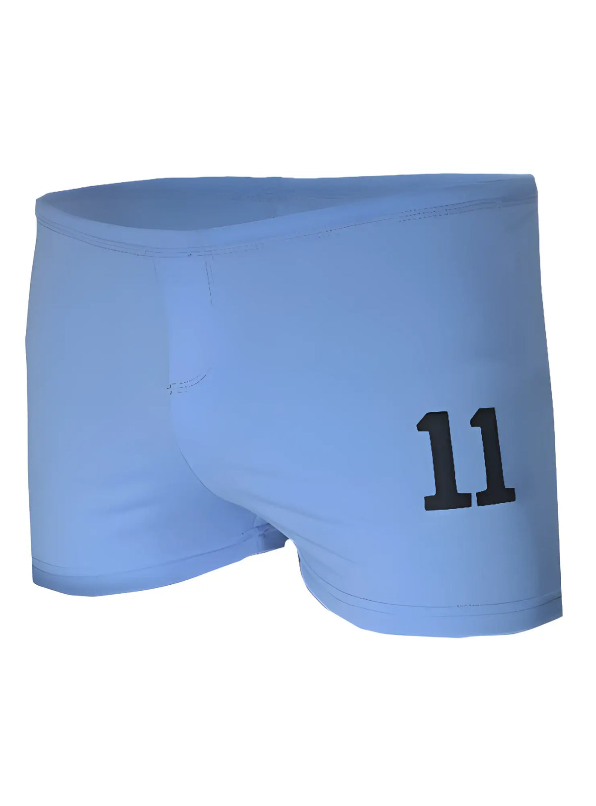 Light blue square trunk athletic briefs with bold black number 11 printed on the right leg