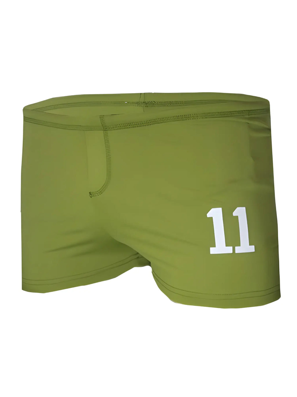 Olive green square trunk swim trunks with white number 11 printed on front for casual beachwear