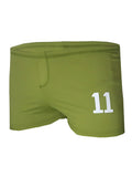 Olive green square trunk swim trunks with white number 11 printed on front for casual beachwear