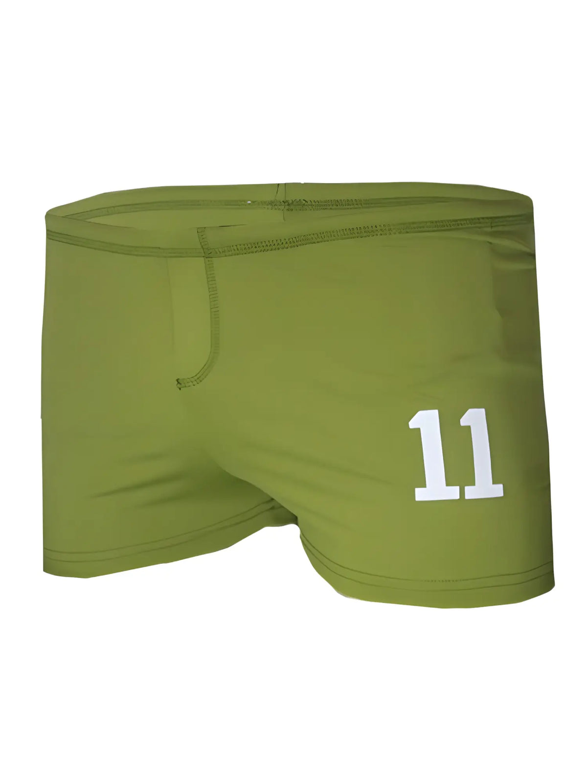 Olive green square trunk swim trunks with white number 11 printed on front for casual beachwear