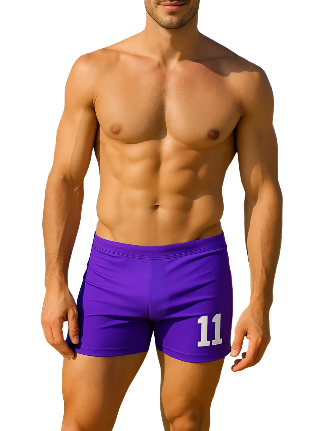 Purple square trunk athletic shorts with white number 11 on lower right leg for sports and exercise