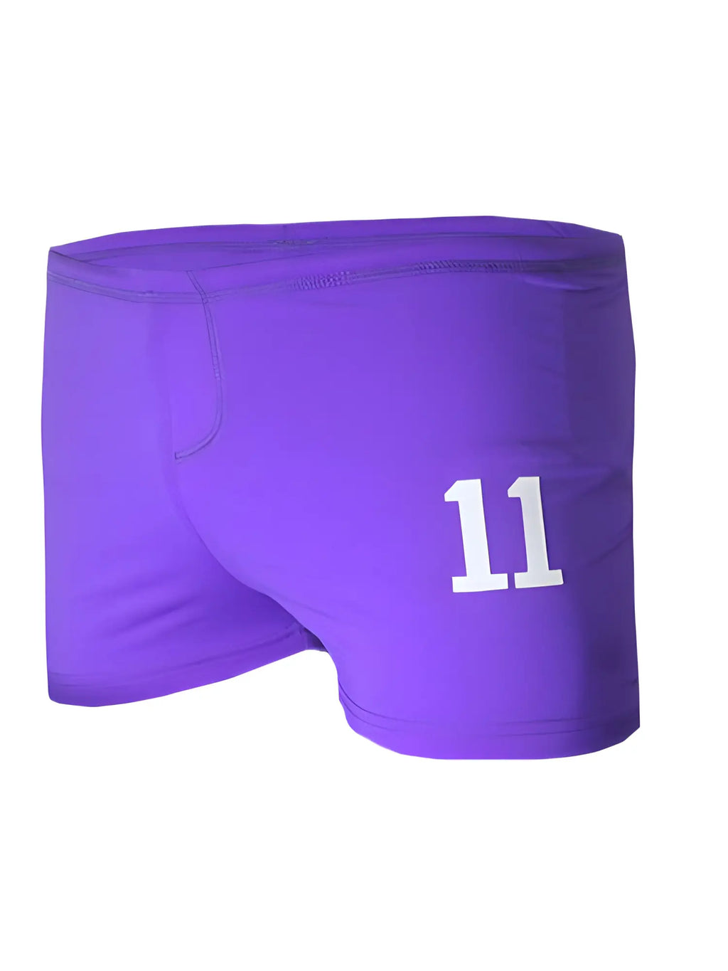 Purple square trunk athletic shorts with white number 11 printed on the side for sports and workouts