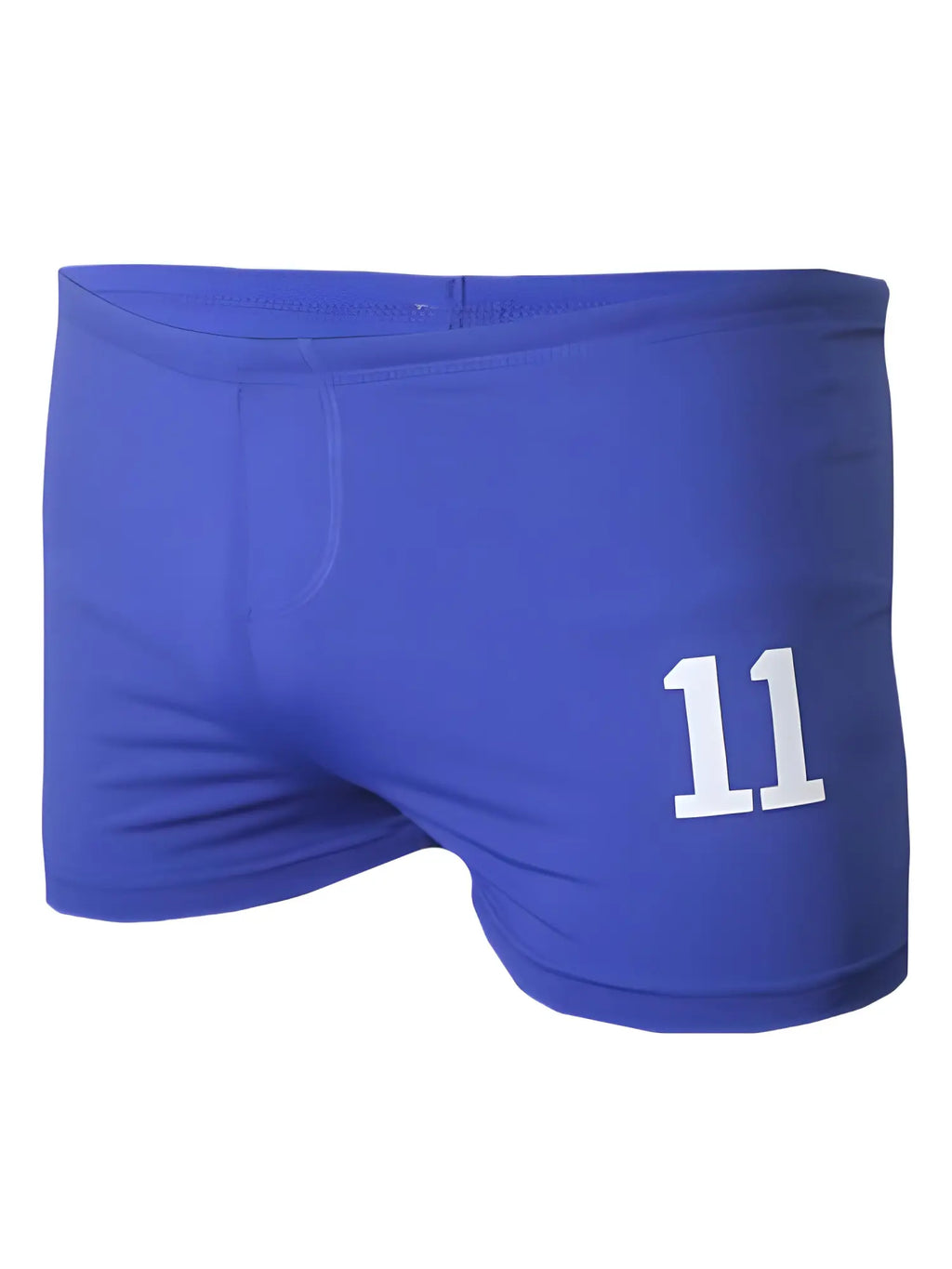 Royal blue square trunk athletic shorts with bold white number 11 printed on the right leg for sports use