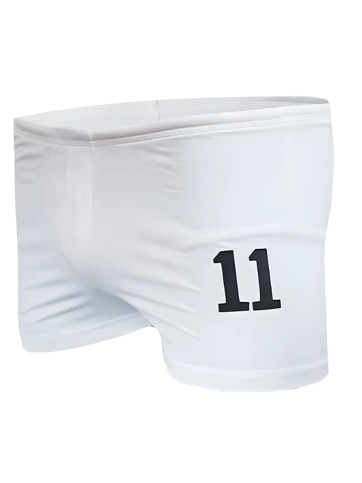 White athletic square trunk shorts with bold black number 11 printed on the side for sports and casual wear